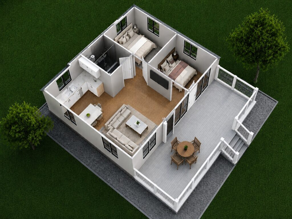 OwnSpace 30 two-bedroom layout with open-plan living area and deck