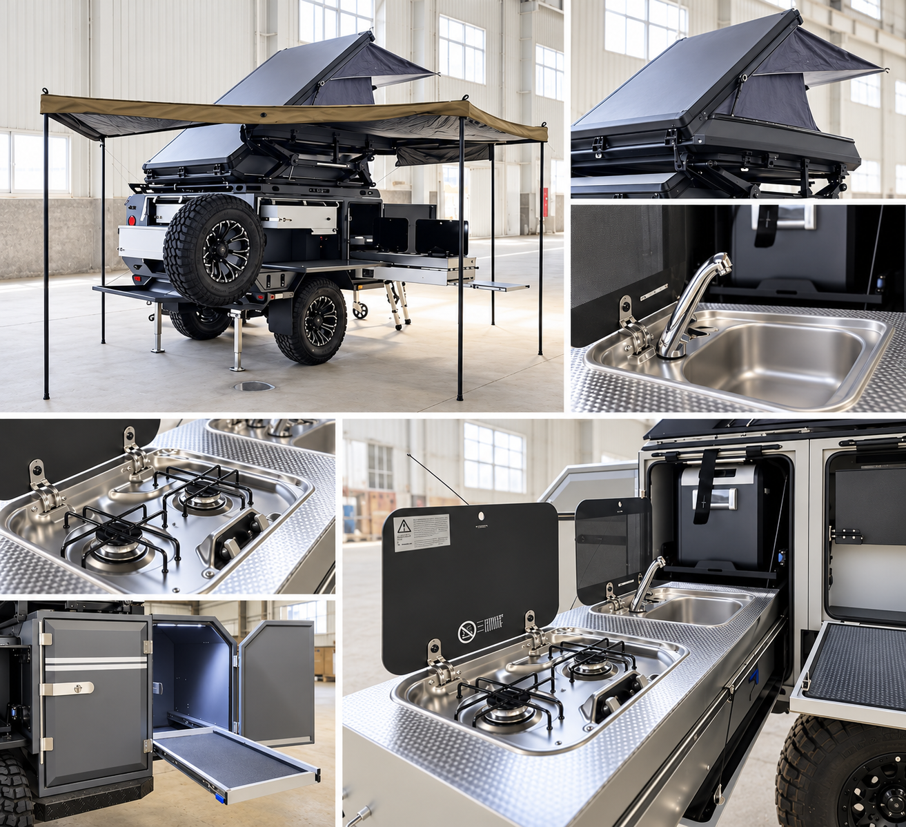 Base Camp 3B photo collage showing the rooftop tent and awning setup, slide-out kitchen, stove, sink and storage tray