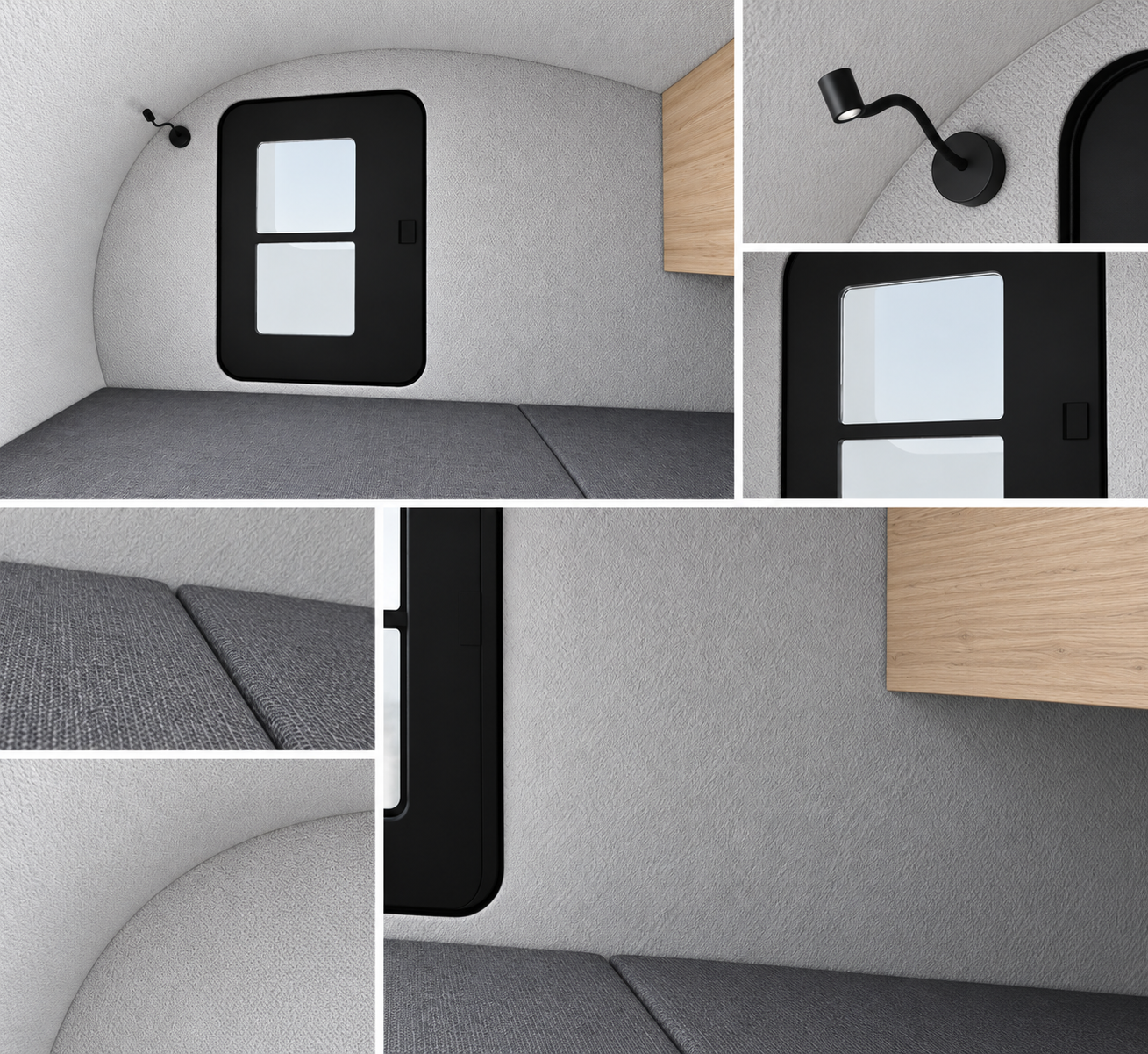 Comma CC interior collage showing the sleeping cabin, reading light, door windows, mattress and timber-look cabinet